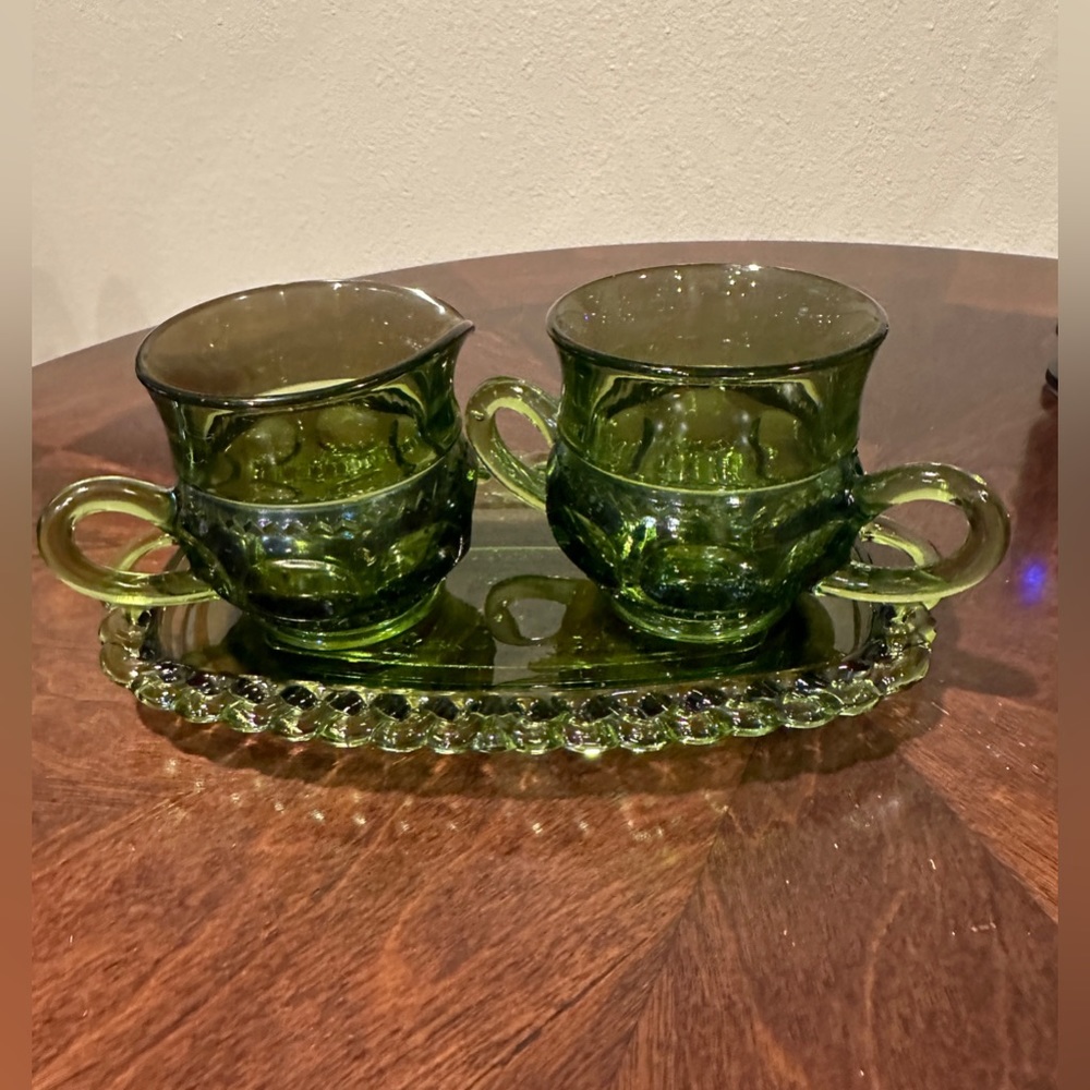 Vintage Indiana Glass Kings Crown Cream, Sugar and Tray Set, Retro Kitsch